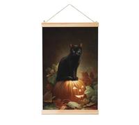 Woshuwo Gatto nero seduto su zucca arancione dipinto da appendere in lino, arte da parete in lino, opera d'arte moderna per la casa, decorazione da casa 40 x 60 cm