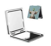 Woshuwo Green Budgie Seduto su Longhorn Mucca Specchio Trucco Da Viaggio Doppio Lato Pelle PU Portatile Compatto Tasca Specchio Ingrandimento