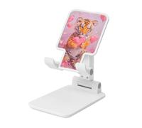 Woshuwo Piccola tigre che tiene un cuore rosa pieghevole supporto per telefono cellulare regolabile in altezza desktop portatile culla per cellulare compatibile con tutti gli smartphone bianco