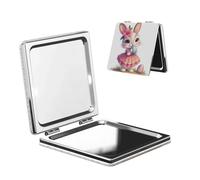 Woshuwo Piccolo Coniglio che indossa un vestito rosa fiore specchio da viaggio per il trucco a doppia faccia in pelle PU portatile compatto tascabile specchio ingranditore