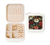 Woshuwo Portagioie da viaggio con fiori botanici bianchi e rossi, in pelle PU, per anelli, orecchini, ciondoli, collane, per ragazze e donne