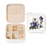 Woshuwo Portagioie da viaggio con motivo di gatto bianco viola viola del pensiero, in pelle sintetica, per anelli, orecchini, ciondoli, collane, per ragazze e donne