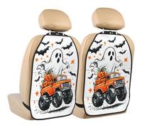 Woshuwo Protezioni per il retro del sedile dell'auto con zucche arancioni e fantasmi in stile cartone animato, confezione da 2 tappetini con tasche portaoggetti per proteggere i veicoli da sporco
