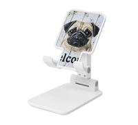 Woshuwo Pug Dog Welcome on Wood Board Supporto pieghevole per telefono cellulare ad angolo regolabile in altezza Supporto per cellulare portatile da tavolo compatibile con tutti gli smartphone bianco