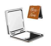 Woshuwo Rustic Bless Our Home On Orange - Specchio da viaggio per il trucco, double-face, in pelle PU, portatile, compatto, tascabile