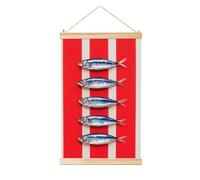 Woshuwo Sardine su tela bianca rossa a righe dipinte da appendere, arte da parete in lino per la casa, opera d'arte moderna, decorazione per casale 40 x 60 cm