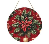 Woshuwo Scatole regalo di Natale con agrifoglio e vischio, cartello di benvenuto in legno per porta d'ingresso, 30 cm, rotondo, da appendere alla parete, decorazione per casa colonica