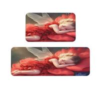 Woshuwo Set di 2 tappeti antiscivolo da cucina con fatina che dorme su fiori giganti, tappeto per lavanderia, cucina, decorazione