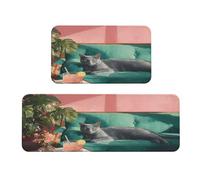 Woshuwo Set di 2 tappeti antiscivolo da cucina, motivo gatto blu sdraiato su un divano verde