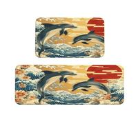 Woshuwo Set di 2 tappeti da cucina con due delfini che saltano in arte giapponese, antiscivolo, tappeto, tappeto, lavanderia, cucina, arredamento