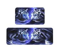 Woshuwo Set di 2 tappeti da cucina con due tigri dagli occhi azzurri fantasy, antiscivolo, tappetino, tappeto, lavanderia, cucina, arredamento