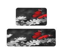 Woshuwo Set di 2 tappeti da cucina con farfalle rosse su fiori bianchi, antiscivolo, tappeto, tappeto, lavanderia, cucina, decorazione