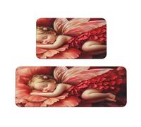 Woshuwo Set di 2 tappeti da cucina con fatina che dorme su fiori giganti, antiscivolo, tappeto, tappeto, lavanderia, cucina, decorazione