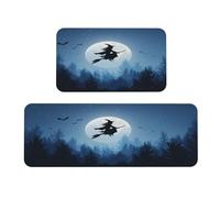 Woshuwo Set di 2 tappeti da cucina con sagoma di strega che volano su scopa e antiscivolo, tappeto per lavanderia, cucina, arredamento