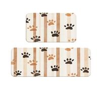 Woshuwo Set di 2 tappeti da cucina con stampa di piedi di cane su sfondo beige e marrone a righe, antiscivolo, tappeto, lavanderia, cucina, arredamento