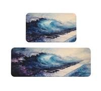 Woshuwo Set di 2 tappetini antiscivolo da cucina con onde oceaniche che si infrangono sulle chiavi del pianoforte, tappeto per lavanderia, cucina, arredamento