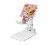 Woshuwo Simpatico cane Corgi che tiene un cuore rosa pieghevole supporto per telefono cellulare ad angolo regolabile altezza desktop portatile culla per cellulare compatibile con tutti gli smartphone