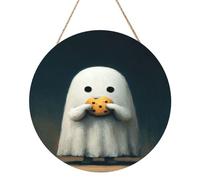 Woshuwo Simpatico cartello di benvenuto in legno con fantasma che mangia un biscotto per la porta d'ingresso, 30 cm, rotondo, da appendere, decorazione per casa colonica