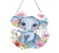 Woshuwo Simpatico elefante blu fiori colorati cartello di benvenuto in legno per porta d'ingresso, 30 cm rotondo da appendere alla parete placca decorazione fattoria