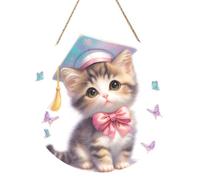 Woshuwo Simpatico gattino cappello di laurea cartello di benvenuto in legno per porta d'ingresso, 30 cm rotondo da appendere alla parete placca decorazione fattoria