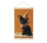 Woshuwo Simpatico gattino nero che indossa cappello da strega dipinto da appendere, decorazione da parete in lino per la casa, opera d'arte moderna per la casa 40 x 60 cm