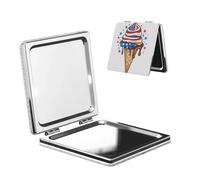Woshuwo Specchio cosmetico da viaggio a forma di cono gelato con bandiera americana, doppio lato, in pelle PU, portatile, compatto, tascabile, con ingrandimento