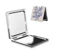 Woshuwo Specchio cosmetico da viaggio con foglie e fiori blu Line Art specchio a doppia faccia in pelle PU portatile compatto tascabile specchio ingranditore