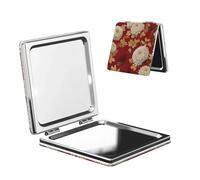 Woshuwo Specchio da viaggio con foglie bianche e marroni a forma di fiore, doppio lato, in pelle PU, portatile, compatto, con ingrandimento tascabile