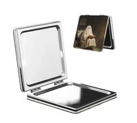 Woshuwo Specchio da viaggio con immagine di fantasma bianco che legge sulla vaschetta del WC, specchio da trucco su entrambi i lati, in pelle PU, portatile, compatto, tascabile