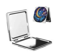 Woshuwo Specchio da viaggio con luna e stella nel cielo, specchio da viaggio double-face, in pelle PU, portatile, compatto, tascabile, con ingrandimento