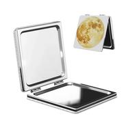 Woshuwo Specchio da viaggio con luna piena ad acquerello giallo specchio da trucco a doppia faccia in pelle PU portatile compatto tascabile specchio d'ingrandimento