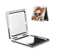 Woshuwo Specchio da viaggio con teschio vintage arancione in pizzo e cocchetta, specchio da viaggio a doppia faccia in pelle PU portatile compatto tascabile