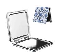 Woshuwo Specchio da viaggio in porcellana cinese con motivo floreale blu bianco su entrambi i lati in pelle PU portatile compatto tascabile specchio ingranditore