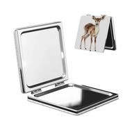 Woshuwo Specchio da viaggio per il trucco a forma di giovane cervo ad acquerello, in pelle sintetica, portatile, compatto, tascabile, con ingrandimento