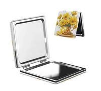 Woshuwo Specchio da viaggio per il trucco a forma di tazza a pois con fiori gialli su entrambi i lati in pelle sintetica portatile compatto tascabile specchio ingranditore