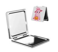 Woshuwo Specchio da viaggio per il trucco con fantasma rosa in stile cartone animato vestito da strega doppio lato in pelle PU portatile compatto tascabile specchio ingranditore