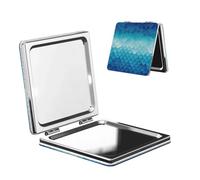 Woshuwo Specchio da viaggio per il trucco in scala blu, doppio lato, in pelle PU, portatile, compatto, tascabile, con ingrandimento