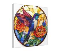 Woshuwo Stampa artistica da parete su tela con colibrì e ali in vetro colorato, stampa estetica per dormitorio, camera da letto, soggiorno, 30 x 30 cm con cornice