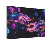 Woshuwo Stampa artistica da parete su tela con due mani al neon che si raggiungono l'una all'altra, poster estetico per dormitorio e soggiorno, 30 x 45 cm con cornice
