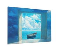 Woshuwo Stampa artistica da parete su tela con piccola barca in una porta aperta, stampa artistica per dormitorio e soggiorno, 30 x 45 cm con cornice
