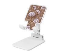 Woshuwo Supporto per cellulare pieghevole con fiori bianchi su sfondo marrone, angolo regolabile, altezza da tavolo, portatile, compatibile con tutti gli smartphone, stile bianco