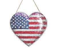 Woshuwo Targa di benvenuto in legno a forma di cuore con palla da discoteca e bandiera americana, per porta d'ingresso, 30 cm, rotonda, da appendere, decorazione per casa colonica