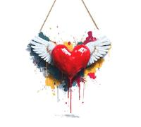 Woshuwo Targa di benvenuto in legno con cuore rosso con ali bianche, per porta d'ingresso, 30 cm, rotonda, da appendere, decorazione per casa colonica