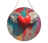 Woshuwo Targa di benvenuto in legno con cuore rosso con ali bianche, per porta d'ingresso, 30 cm, rotonda, da appendere, decorazione per casa colonica