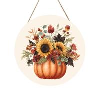 Woshuwo Targa di benvenuto in legno vintage con zucca floreale e girasoli per porta d'ingresso, 30 cm, rotonda, da appendere, decorazione per casa colonica