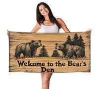 Woshuwo Telo mare in legno con scritta "Welcome To The Bear's Den", 60 x 140 cm, leggero, ad asciugatura rapida, per le vacanze
