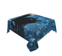 Woshuwo Tovaglia lavabile con gatto nero che tiene una stella dorata incandescente, tovaglia decorativa per cucina 152,4 x 152,4 cm