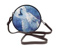 Woshuwo White Wolf Howling At The Moon - Borsa a tracolla da donna, rotonda, in pelle