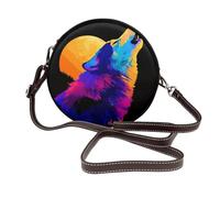 Woshuwo Wolf Howling At Moon - Borsa a tracolla da donna, rotonda, in pelle