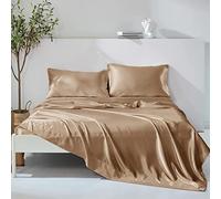 Wotcsil 4 Pezzi Completo Lenzuola Raso Matrimoniale Set Tinta Unita Biancheria da Letto Satin 200x200+Angolo 36 cm con Lenzuolo Sopra, Lenzuola Sotto con Angoli, 2 Federa, Cachi